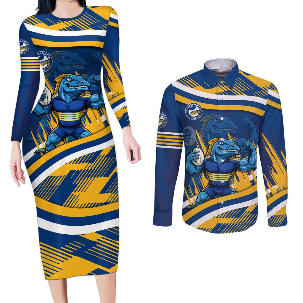Eels Rugby Mascot Couples Matching Long Sleeve Bodycon Dress and Long Sleeve Button Shirt Fierce Athlete Graphic in Sports Style
