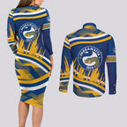 Eels Rugby Mascot Couples Matching Long Sleeve Bodycon Dress and Long Sleeve Button Shirt Fierce Athlete Graphic in Sports Style
