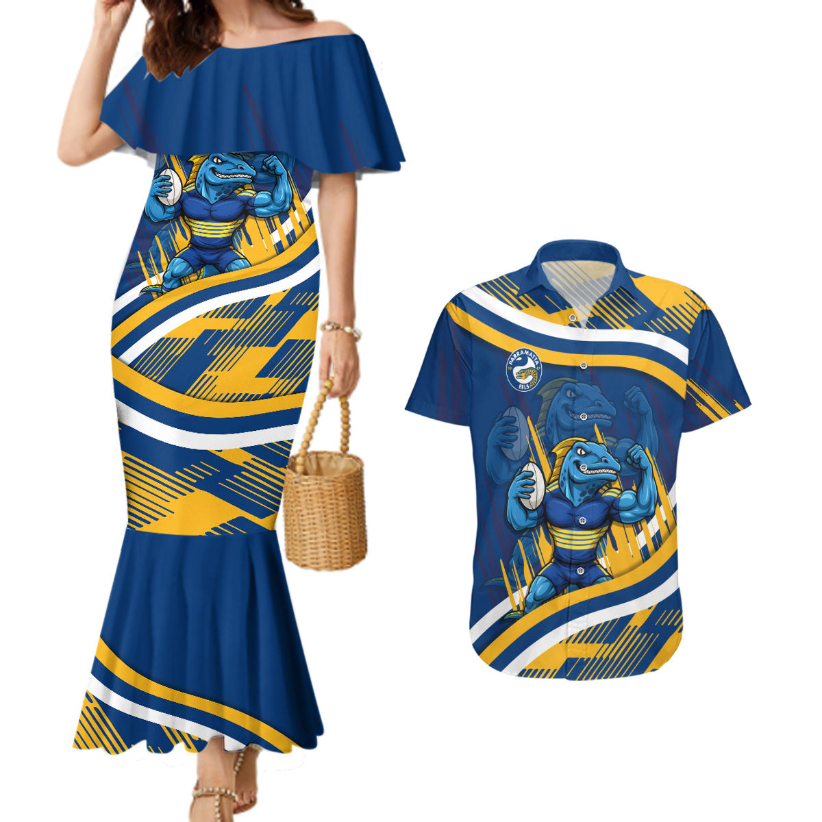 Eels Rugby Mascot Couples Matching Mermaid Dress and Hawaiian Shirt Fierce Athlete Graphic in Sports Style