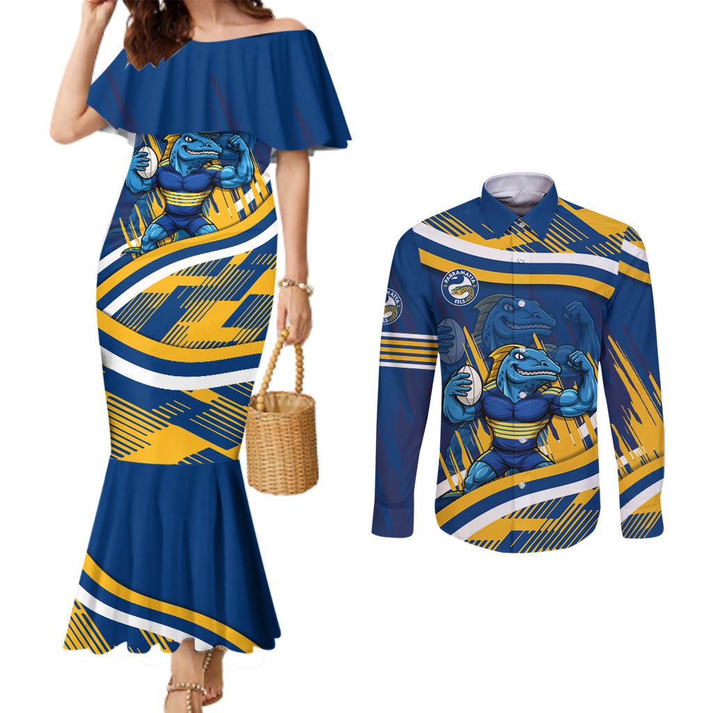 Eels Rugby Mascot Couples Matching Mermaid Dress and Long Sleeve Button Shirt Fierce Athlete Graphic in Sports Style