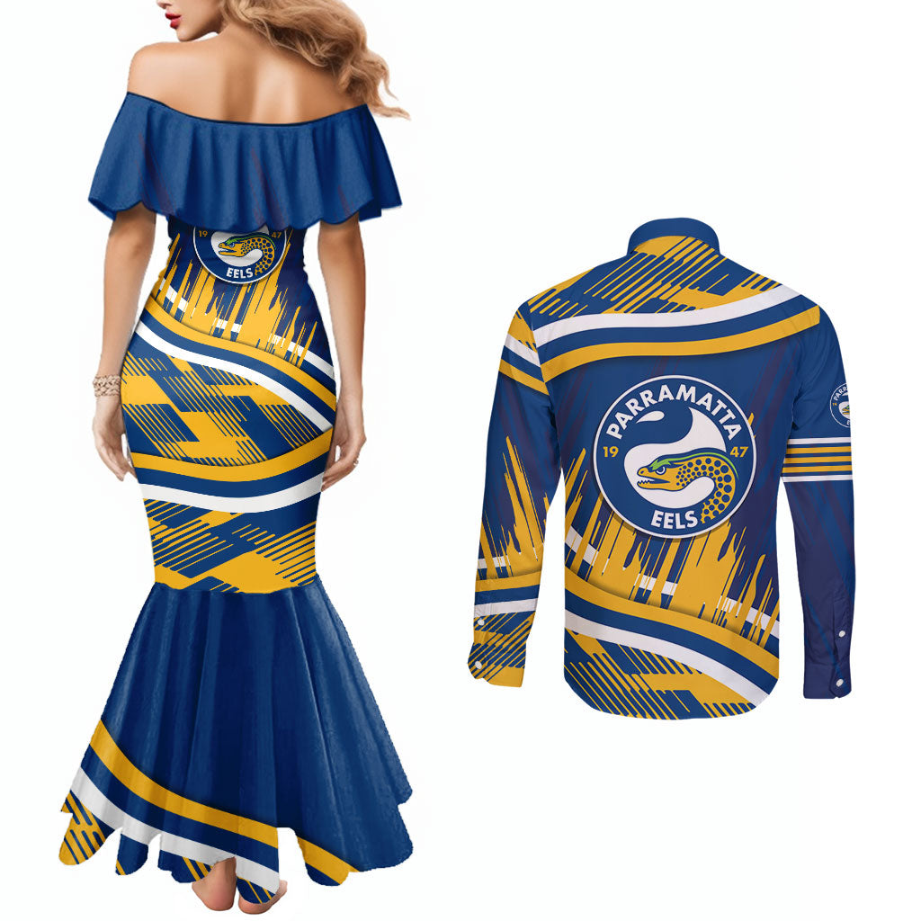 Eels Rugby Mascot Couples Matching Mermaid Dress and Long Sleeve Button Shirt Fierce Athlete Graphic in Sports Style
