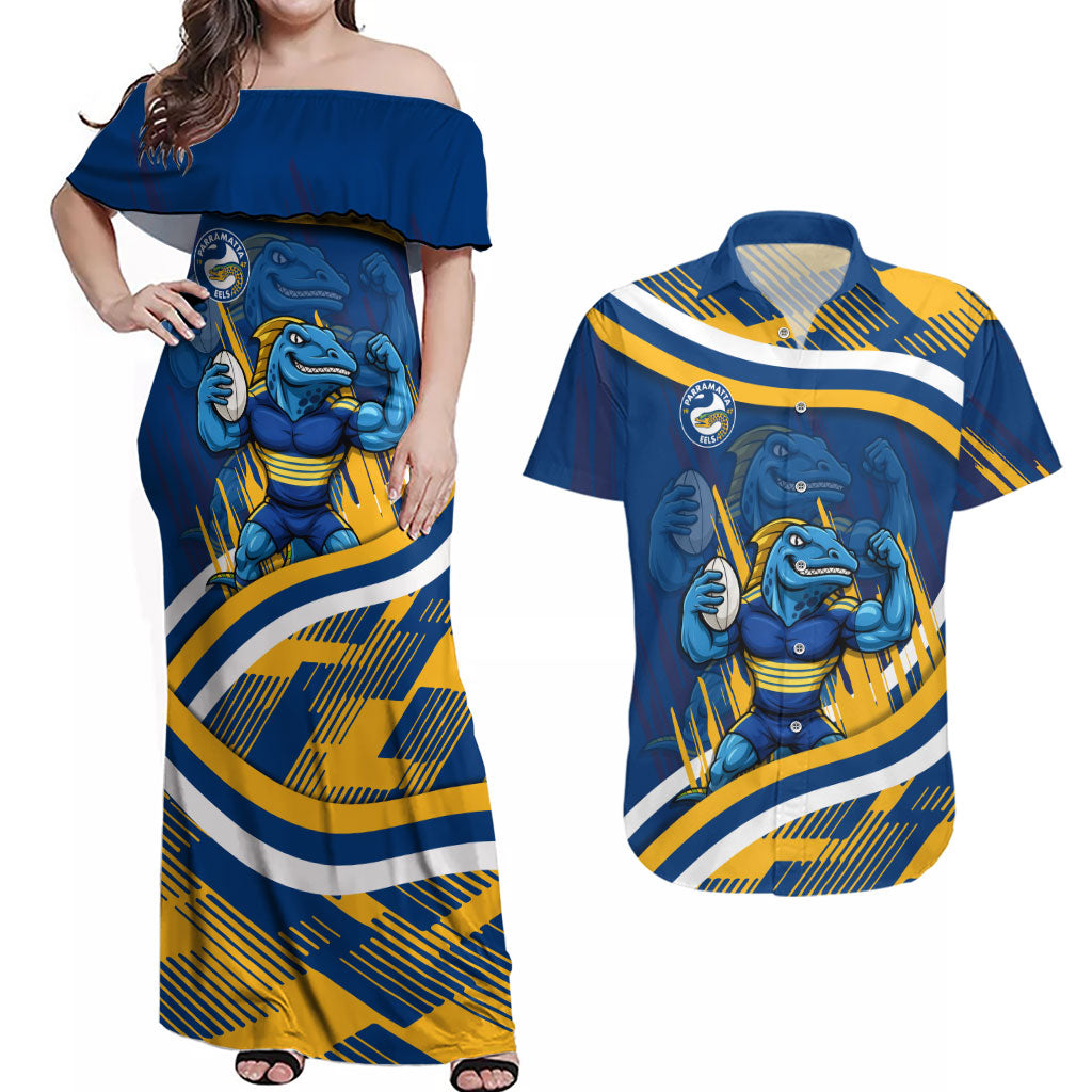 Eels Rugby Mascot Couples Matching Off Shoulder Maxi Dress and Hawaiian Shirt Fierce Athlete Graphic in Sports Style