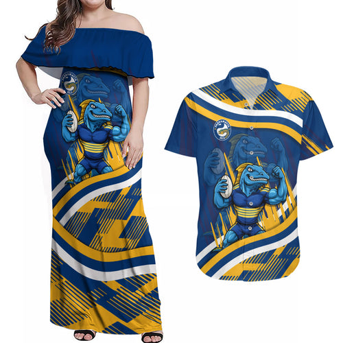 Eels Rugby Mascot Couples Matching Off Shoulder Maxi Dress and Hawaiian Shirt Fierce Athlete Graphic in Sports Style