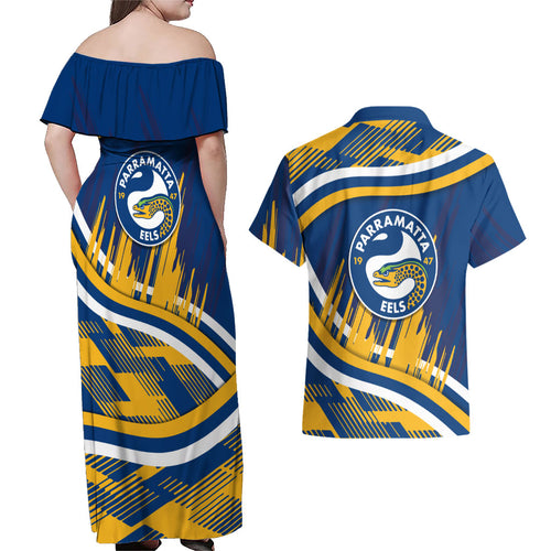 Eels Rugby Mascot Couples Matching Off Shoulder Maxi Dress and Hawaiian Shirt Fierce Athlete Graphic in Sports Style