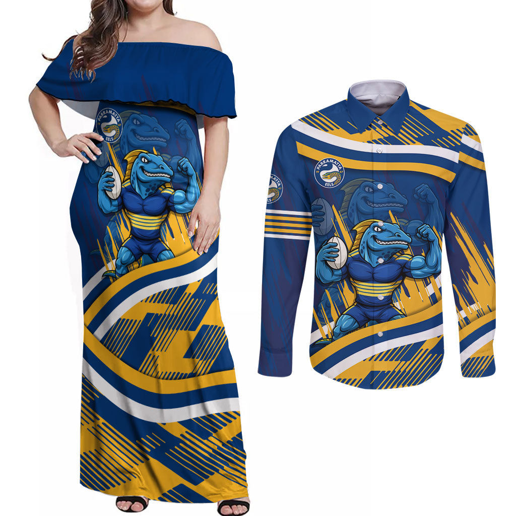Eels Rugby Mascot Couples Matching Off Shoulder Maxi Dress and Long Sleeve Button Shirt Fierce Athlete Graphic in Sports Style