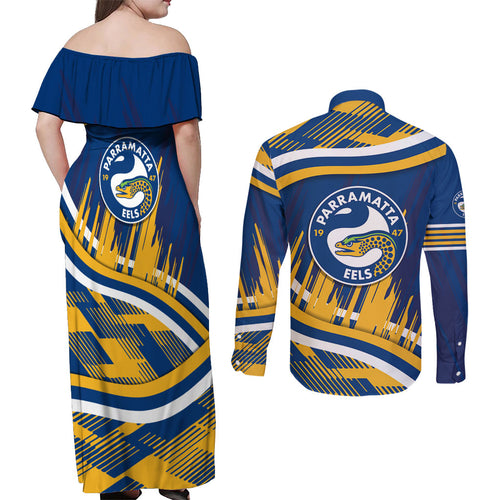 Eels Rugby Mascot Couples Matching Off Shoulder Maxi Dress and Long Sleeve Button Shirt Fierce Athlete Graphic in Sports Style