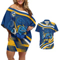 Eels Rugby Mascot Couples Matching Off Shoulder Short Dress and Hawaiian Shirt Fierce Athlete Graphic in Sports Style