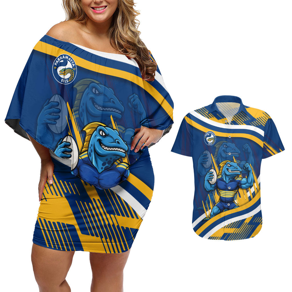 Eels Rugby Mascot Couples Matching Off Shoulder Short Dress and Hawaiian Shirt Fierce Athlete Graphic in Sports Style