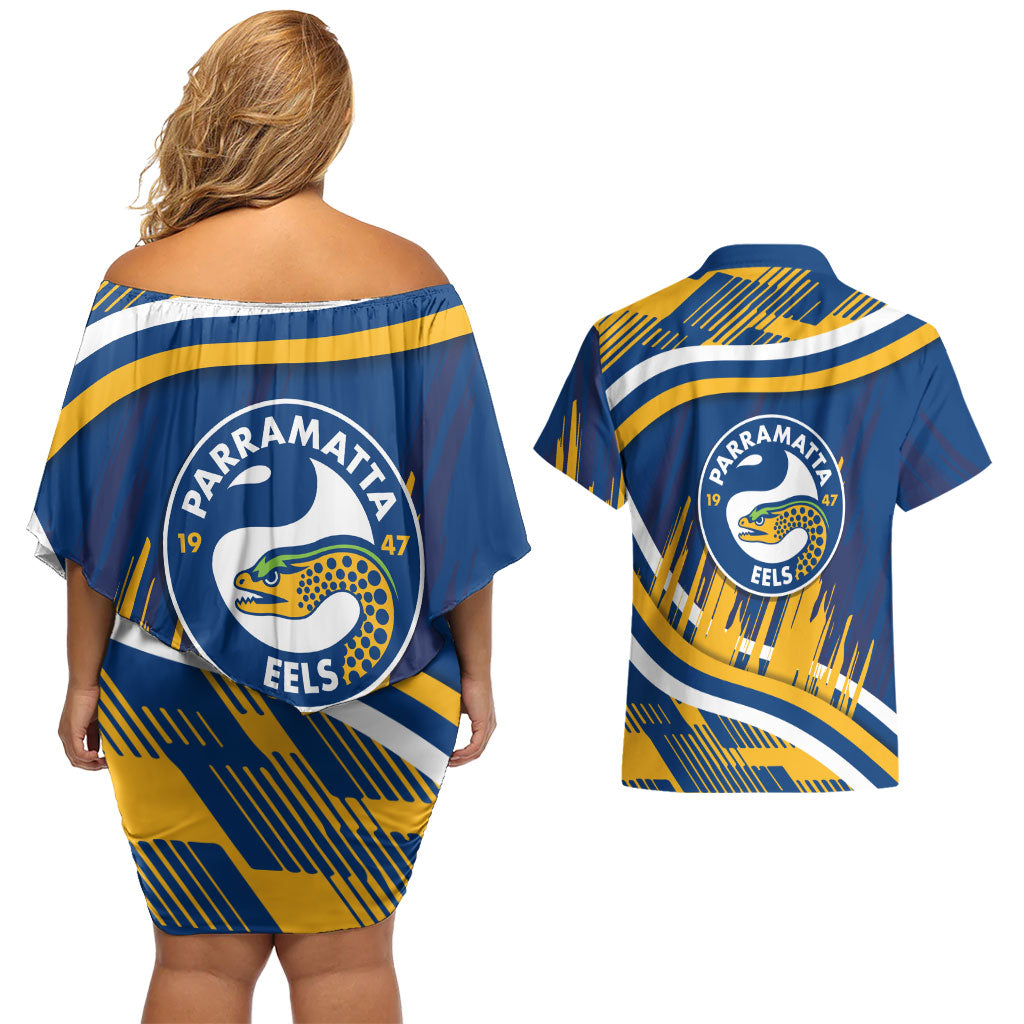 Eels Rugby Mascot Couples Matching Off Shoulder Short Dress and Hawaiian Shirt Fierce Athlete Graphic in Sports Style