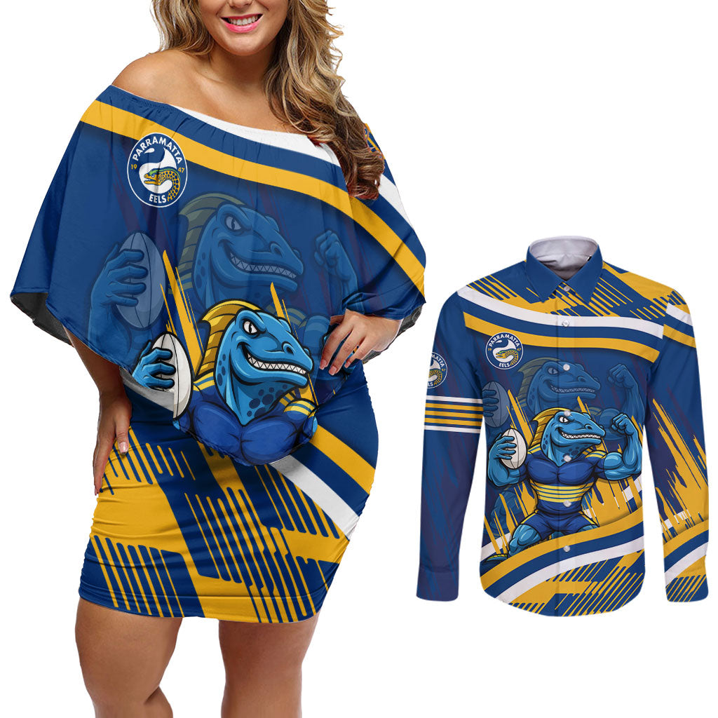 Eels Rugby Mascot Couples Matching Off Shoulder Short Dress and Long Sleeve Button Shirt Fierce Athlete Graphic in Sports Style