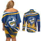 Eels Rugby Mascot Couples Matching Off Shoulder Short Dress and Long Sleeve Button Shirt Fierce Athlete Graphic in Sports Style