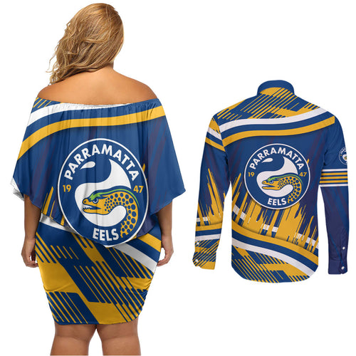 Eels Rugby Mascot Couples Matching Off Shoulder Short Dress and Long Sleeve Button Shirt Fierce Athlete Graphic in Sports Style