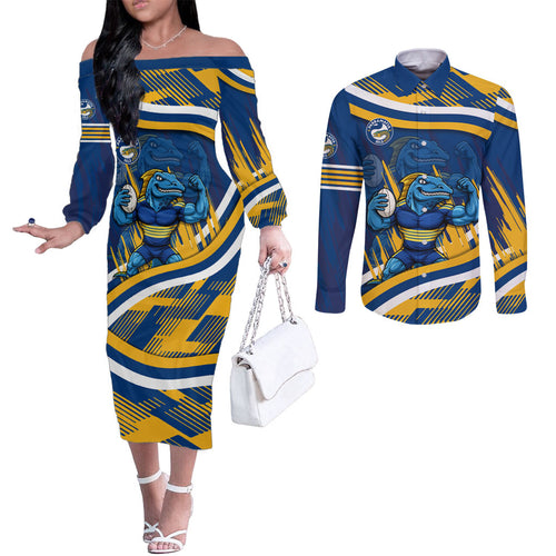 Eels Rugby Mascot Couples Matching Off The Shoulder Long Sleeve Dress and Long Sleeve Button Shirt Fierce Athlete Graphic in Sports Style