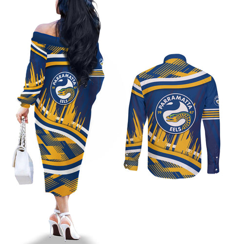 Eels Rugby Mascot Couples Matching Off The Shoulder Long Sleeve Dress and Long Sleeve Button Shirt Fierce Athlete Graphic in Sports Style