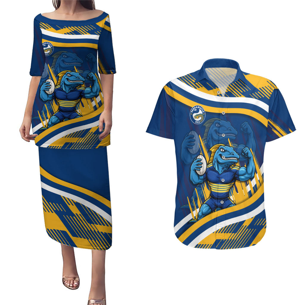 Eels Rugby Mascot Couples Matching Puletasi and Hawaiian Shirt Fierce Athlete Graphic in Sports Style