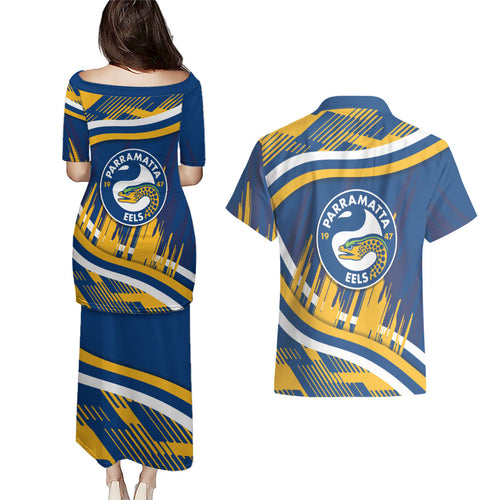Eels Rugby Mascot Couples Matching Puletasi and Hawaiian Shirt Fierce Athlete Graphic in Sports Style