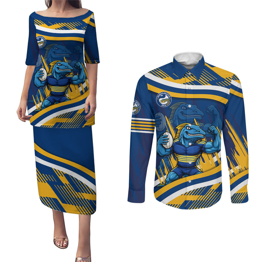 Eels Rugby Mascot Couples Matching Puletasi and Long Sleeve Button Shirt Fierce Athlete Graphic in Sports Style