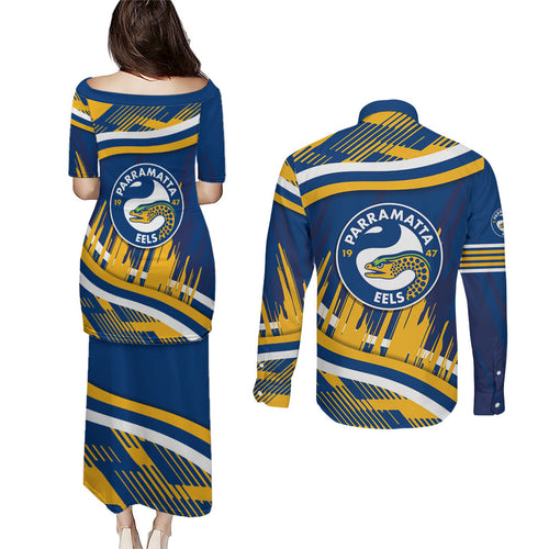 Eels Rugby Mascot Couples Matching Puletasi and Long Sleeve Button Shirt Fierce Athlete Graphic in Sports Style