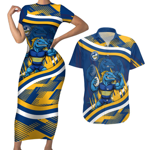 Eels Rugby Mascot Couples Matching Short Sleeve Bodycon Dress and Hawaiian Shirt Fierce Athlete Graphic in Sports Style
