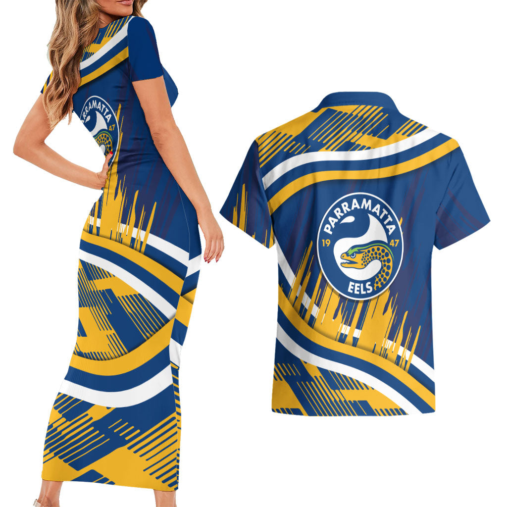 Eels Rugby Mascot Couples Matching Short Sleeve Bodycon Dress and Hawaiian Shirt Fierce Athlete Graphic in Sports Style