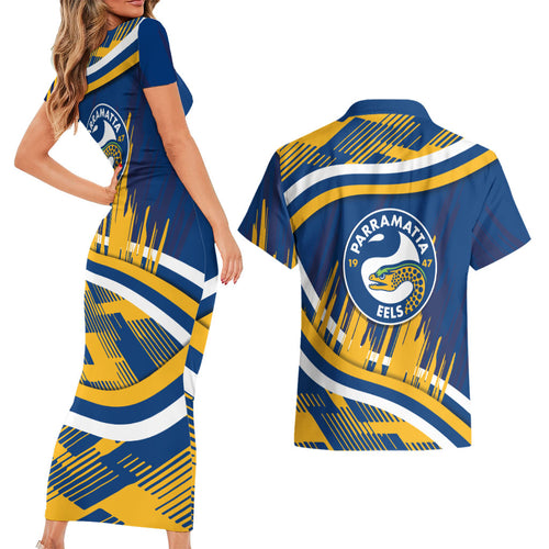 Eels Rugby Mascot Couples Matching Short Sleeve Bodycon Dress and Hawaiian Shirt Fierce Athlete Graphic in Sports Style