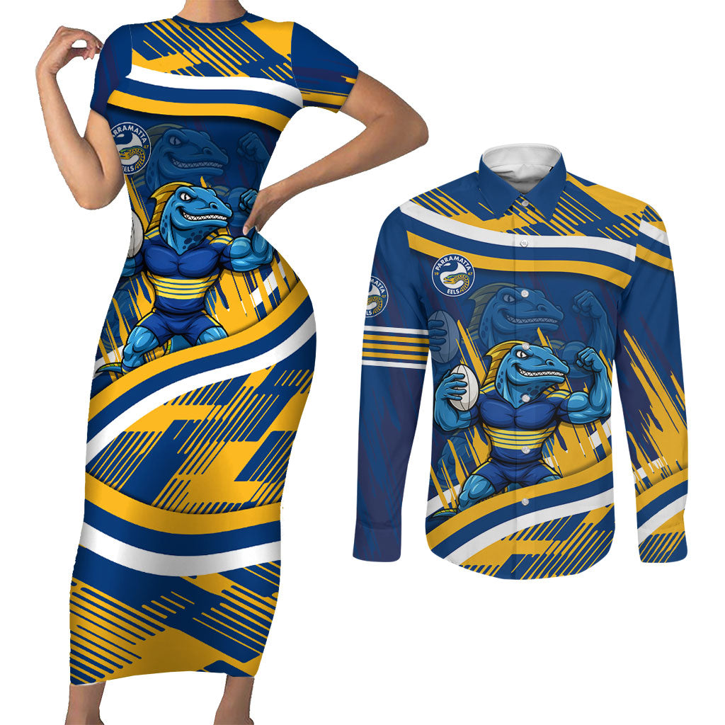 Eels Rugby Mascot Couples Matching Short Sleeve Bodycon Dress and Long Sleeve Button Shirt Fierce Athlete Graphic in Sports Style