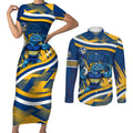 Eels Rugby Mascot Couples Matching Short Sleeve Bodycon Dress and Long Sleeve Button Shirt Fierce Athlete Graphic in Sports Style