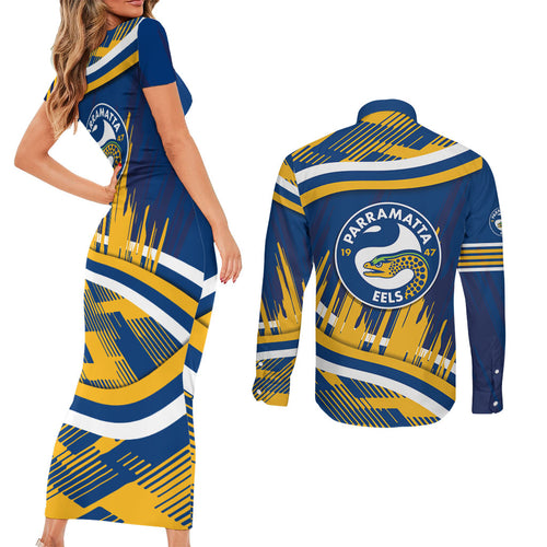 Eels Rugby Mascot Couples Matching Short Sleeve Bodycon Dress and Long Sleeve Button Shirt Fierce Athlete Graphic in Sports Style