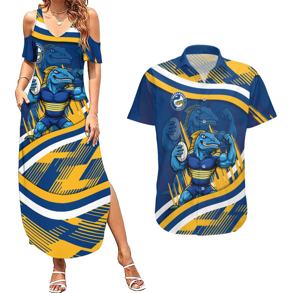 Eels Rugby Mascot Couples Matching Summer Maxi Dress and Hawaiian Shirt Fierce Athlete Graphic in Sports Style