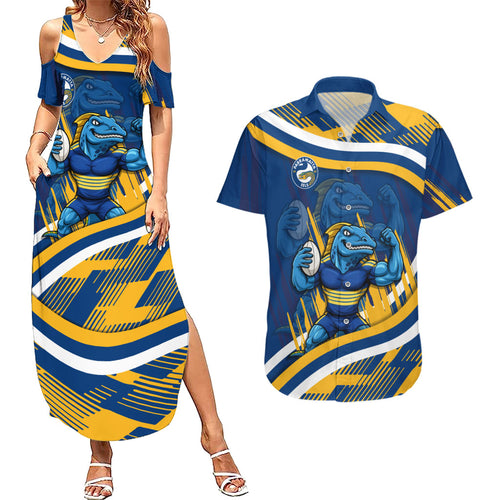 Eels Rugby Mascot Couples Matching Summer Maxi Dress and Hawaiian Shirt Fierce Athlete Graphic in Sports Style