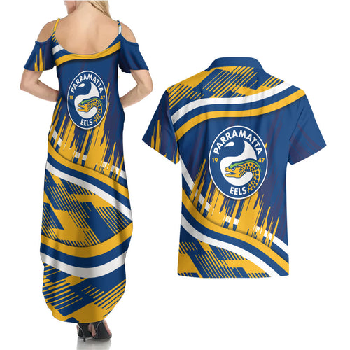 Eels Rugby Mascot Couples Matching Summer Maxi Dress and Hawaiian Shirt Fierce Athlete Graphic in Sports Style