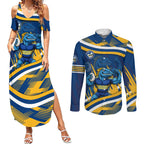 Eels Rugby Mascot Couples Matching Summer Maxi Dress and Long Sleeve Button Shirt Fierce Athlete Graphic in Sports Style