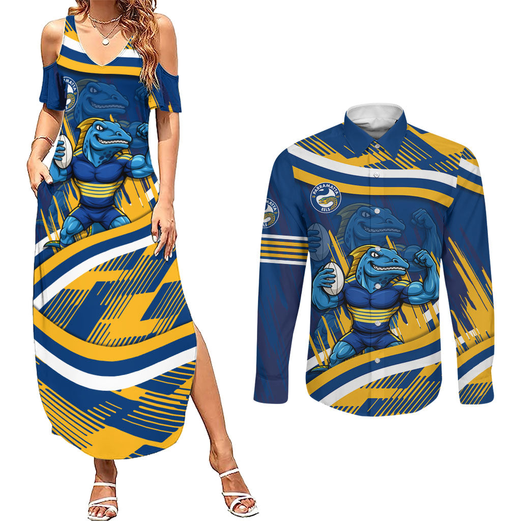 Eels Rugby Mascot Couples Matching Summer Maxi Dress and Long Sleeve Button Shirt Fierce Athlete Graphic in Sports Style