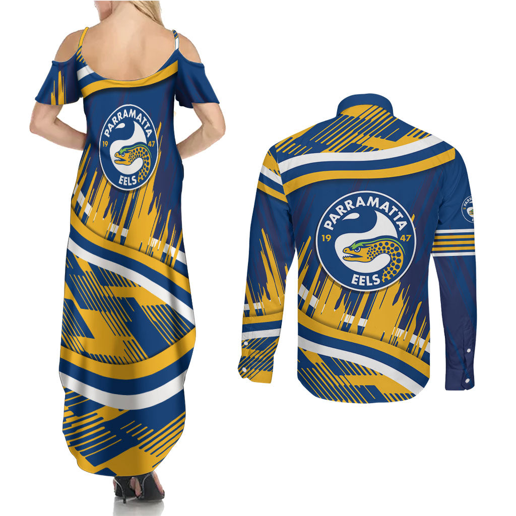 Eels Rugby Mascot Couples Matching Summer Maxi Dress and Long Sleeve Button Shirt Fierce Athlete Graphic in Sports Style