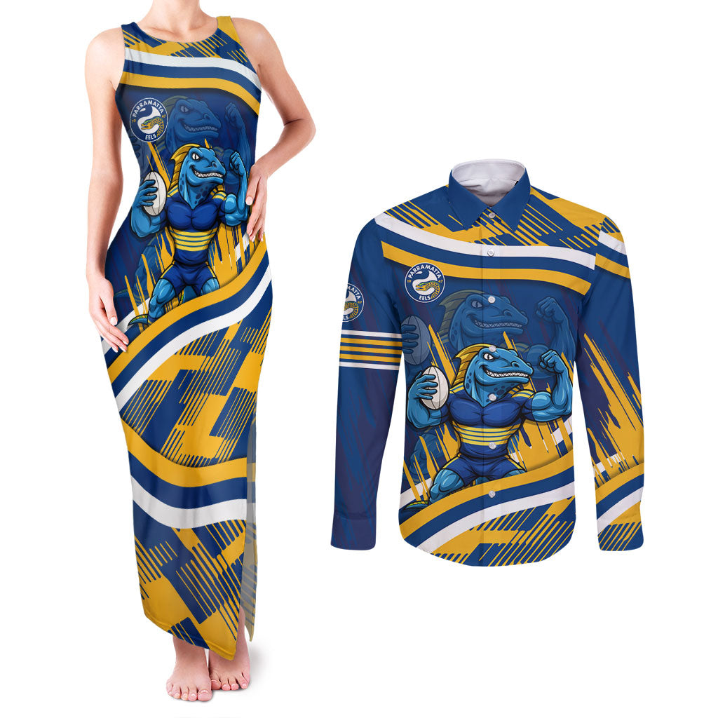 Eels Rugby Mascot Couples Matching Tank Maxi Dress and Long Sleeve Button Shirt Fierce Athlete Graphic in Sports Style