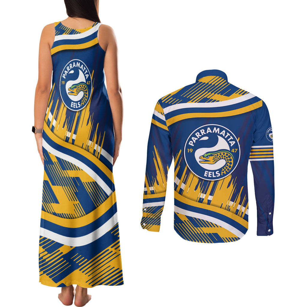 Eels Rugby Mascot Couples Matching Tank Maxi Dress and Long Sleeve Button Shirt Fierce Athlete Graphic in Sports Style