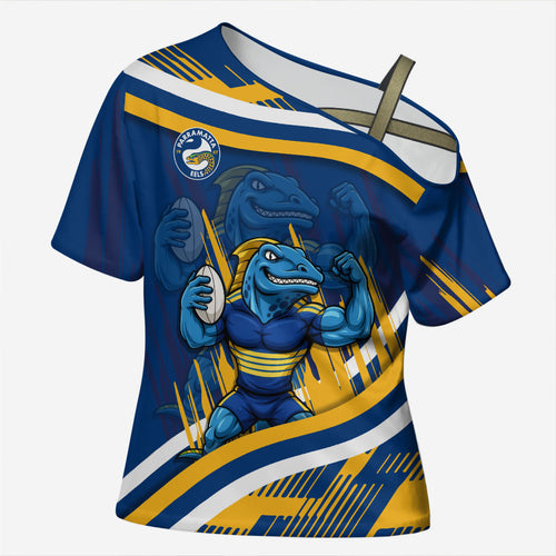 Eels Rugby Mascot Cross Shoulder Shirt Fierce Athlete Graphic in Sports Style