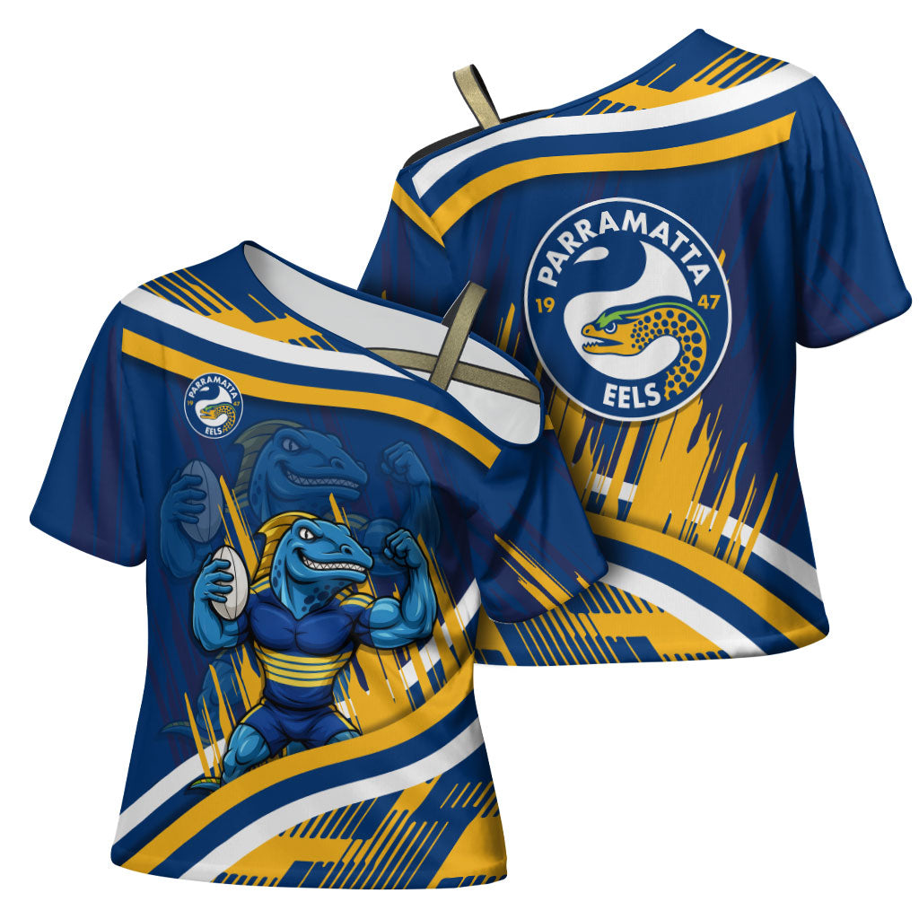Eels Rugby Mascot Cross Shoulder Shirt Fierce Athlete Graphic in Sports Style