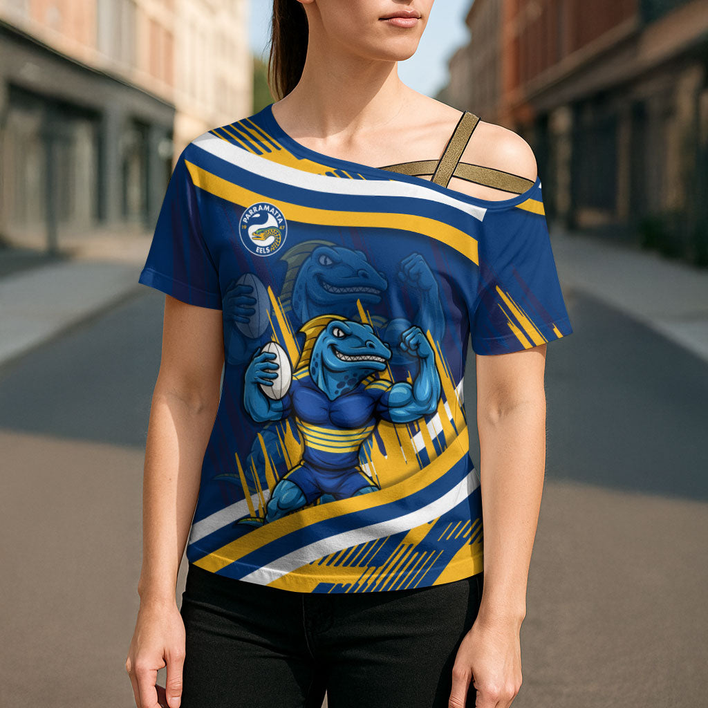 Eels Rugby Mascot Cross Shoulder Shirt Fierce Athlete Graphic in Sports Style