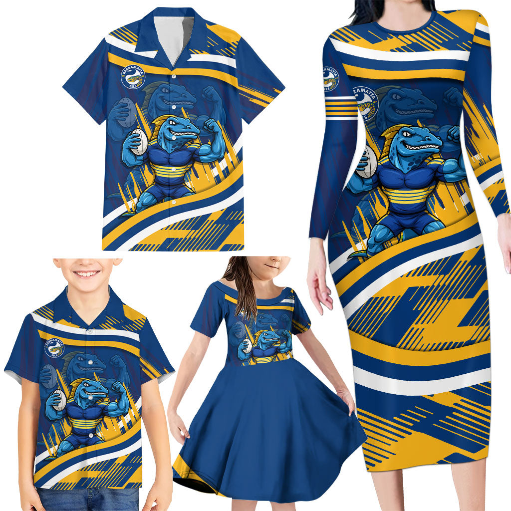 Eels Rugby Mascot Family Matching Long Sleeve Bodycon Dress and Hawaiian Shirt Fierce Athlete Graphic in Sports Style