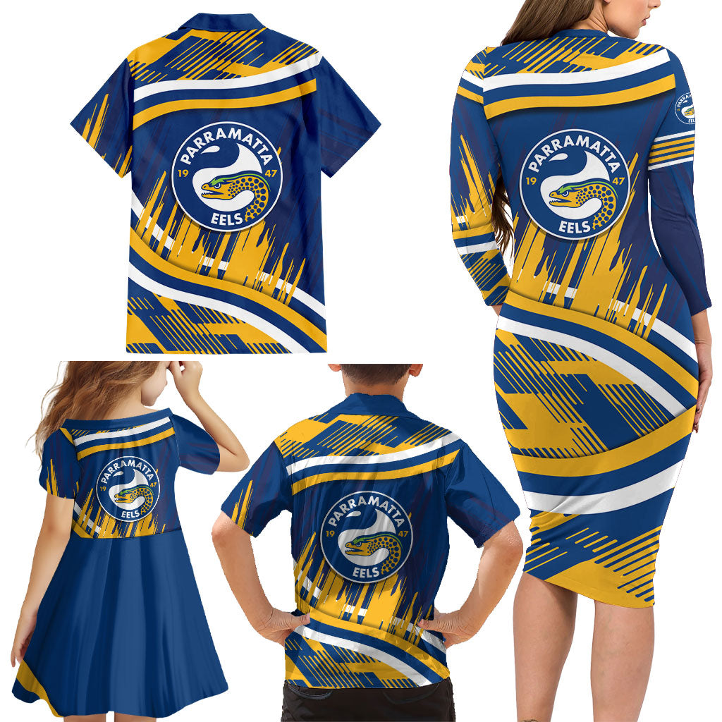 Eels Rugby Mascot Family Matching Long Sleeve Bodycon Dress and Hawaiian Shirt Fierce Athlete Graphic in Sports Style