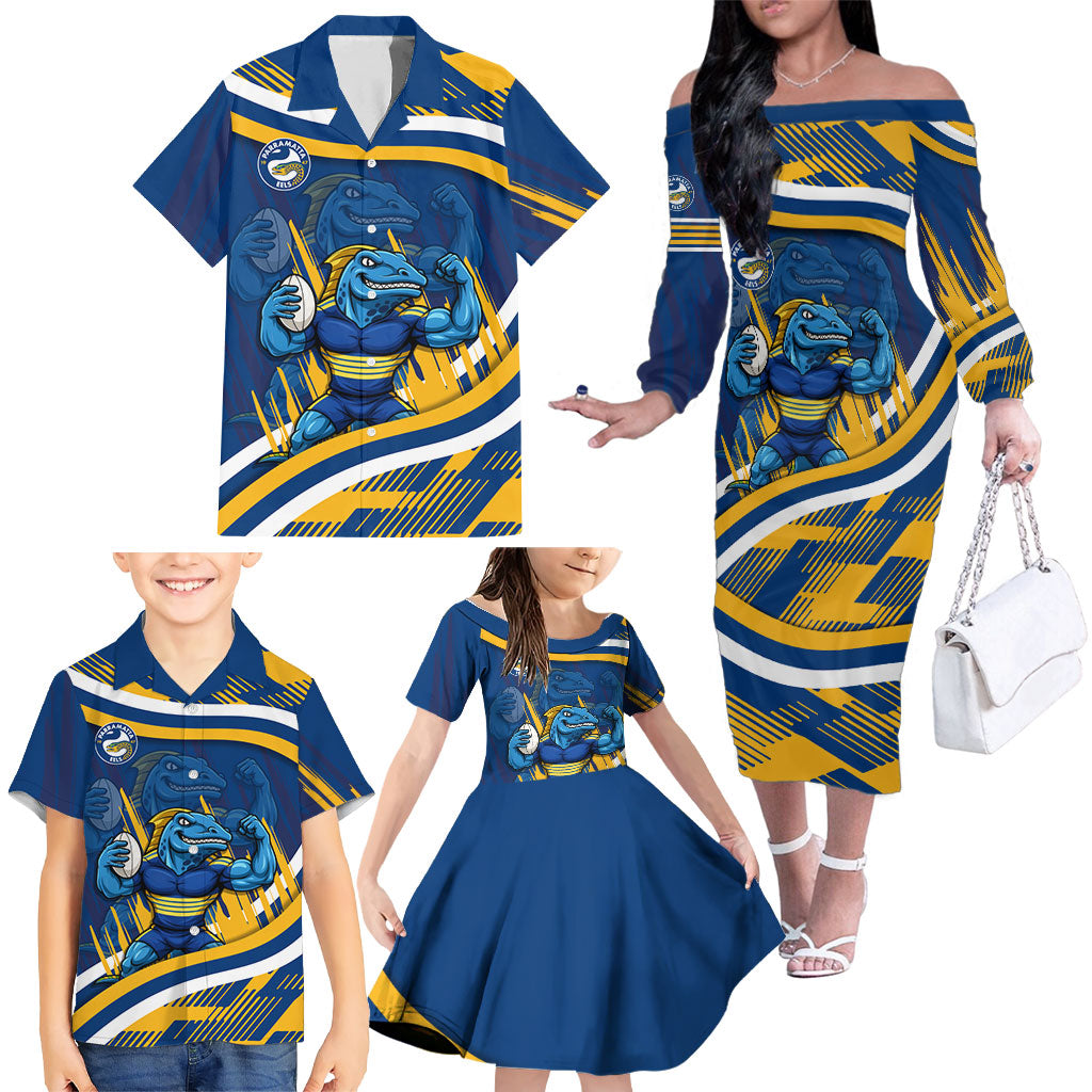 Eels Rugby Mascot Family Matching Off The Shoulder Long Sleeve Dress and Hawaiian Shirt Fierce Athlete Graphic in Sports Style