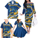 Eels Rugby Mascot Family Matching Off The Shoulder Long Sleeve Dress and Hawaiian Shirt Fierce Athlete Graphic in Sports Style