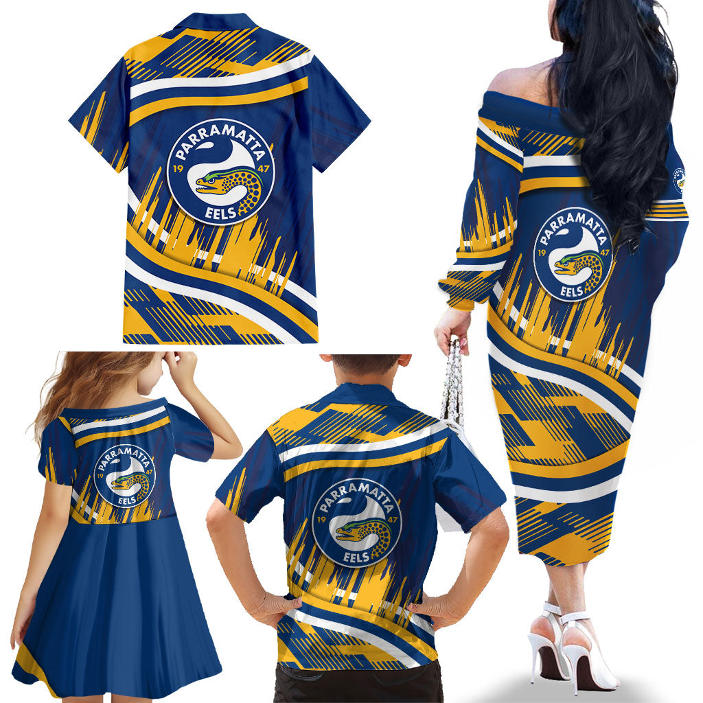 Eels Rugby Mascot Family Matching Off The Shoulder Long Sleeve Dress and Hawaiian Shirt Fierce Athlete Graphic in Sports Style