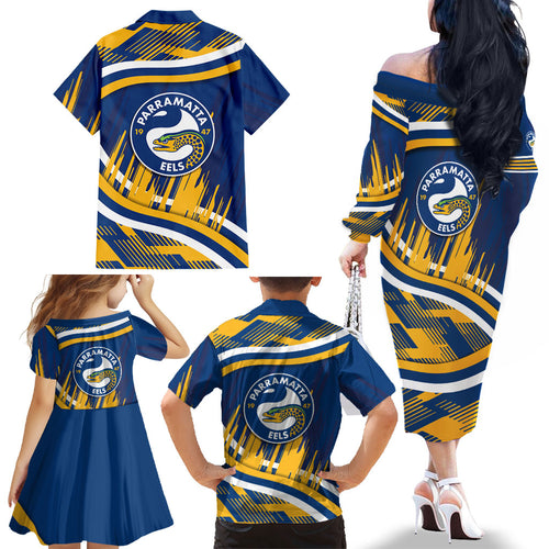 Eels Rugby Mascot Family Matching Off The Shoulder Long Sleeve Dress and Hawaiian Shirt Fierce Athlete Graphic in Sports Style