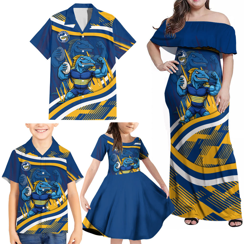 Eels Rugby Mascot Family Matching Off Shoulder Maxi Dress and Hawaiian Shirt Fierce Athlete Graphic in Sports Style