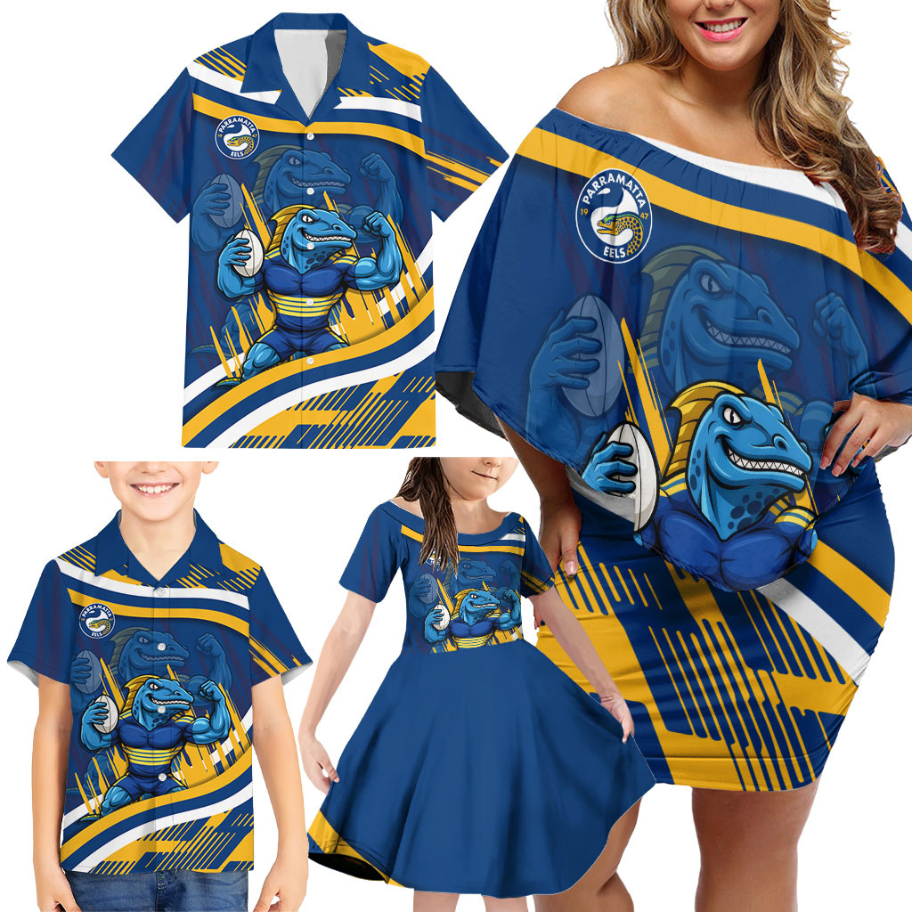 Eels Rugby Mascot Family Matching Off Shoulder Short Dress and Hawaiian Shirt Fierce Athlete Graphic in Sports Style