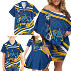 Eels Rugby Mascot Family Matching Off Shoulder Short Dress and Hawaiian Shirt Fierce Athlete Graphic in Sports Style