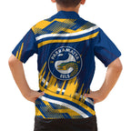 Eels Rugby Mascot Family Matching Off Shoulder Short Dress and Hawaiian Shirt Fierce Athlete Graphic in Sports Style