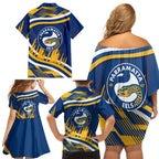 Eels Rugby Mascot Family Matching Off Shoulder Short Dress and Hawaiian Shirt Fierce Athlete Graphic in Sports Style